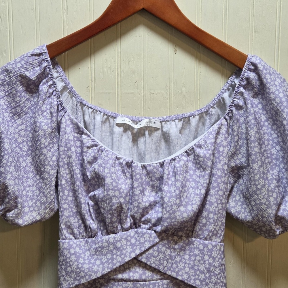 Altar'd State Blouse Womens Small Purple Floral Puff Sleeve Tie Back Top